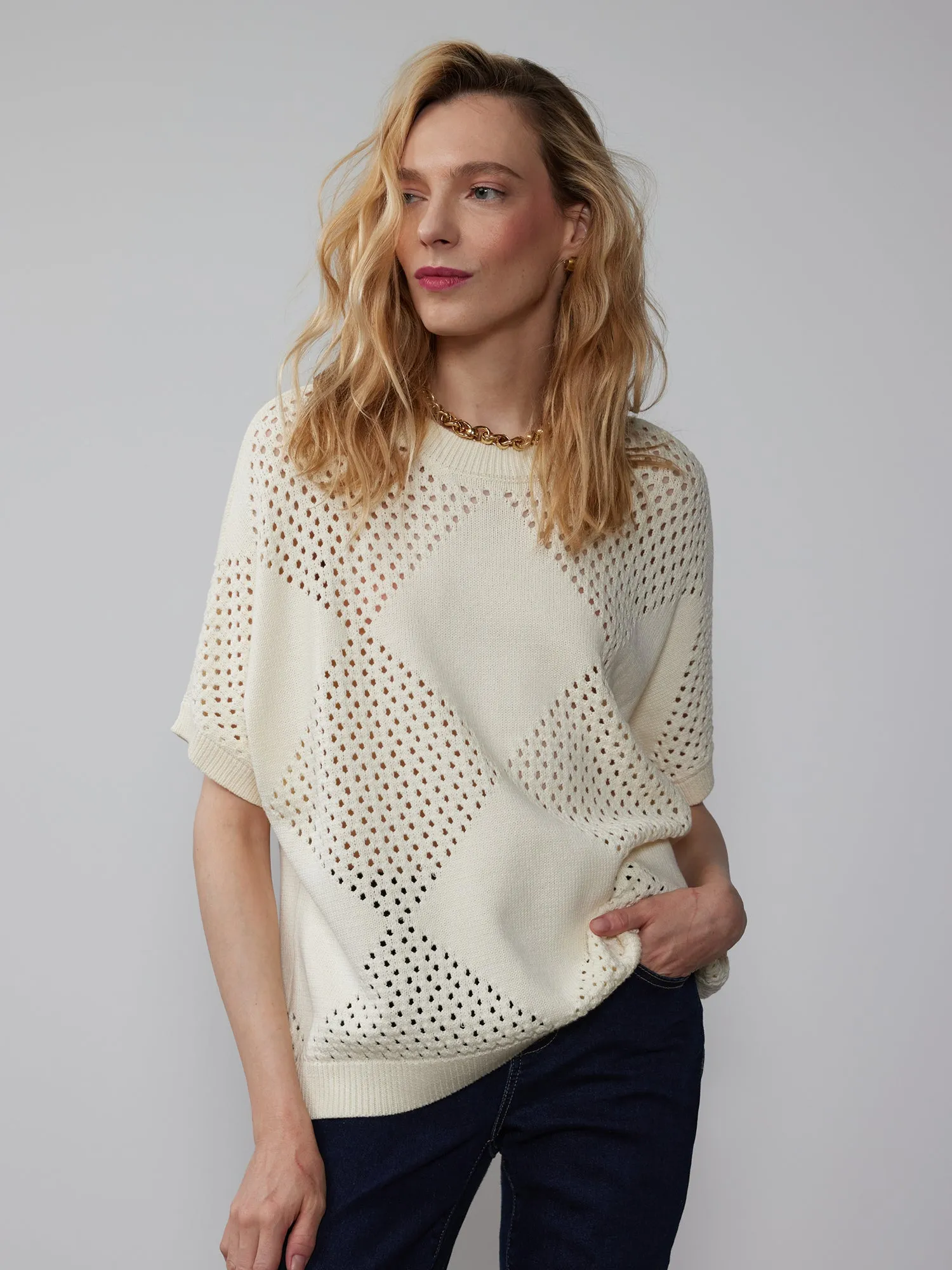 Short Sleeve Open Stitch Argyle Pullover