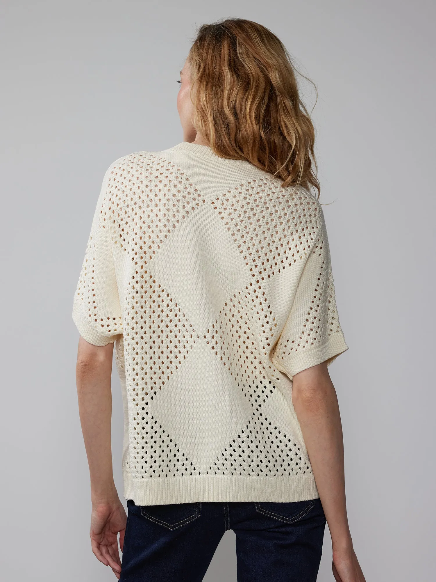 Short Sleeve Open Stitch Argyle Pullover