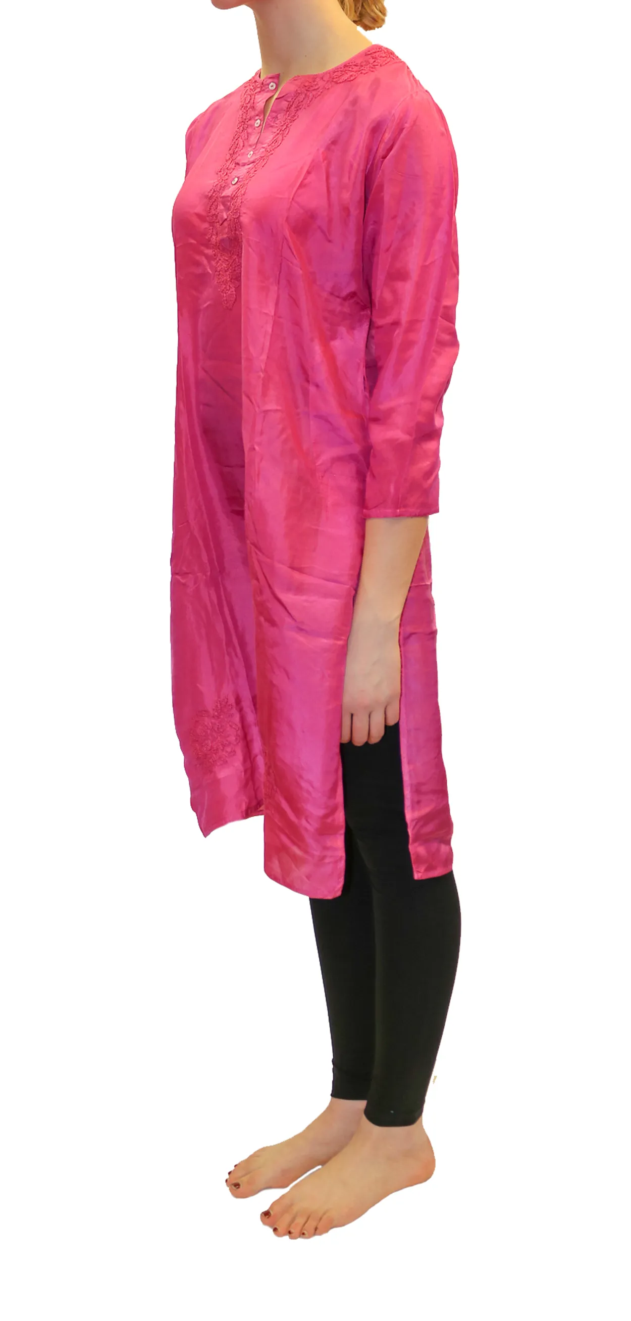 Silk Long Pink Embroidered Kurta