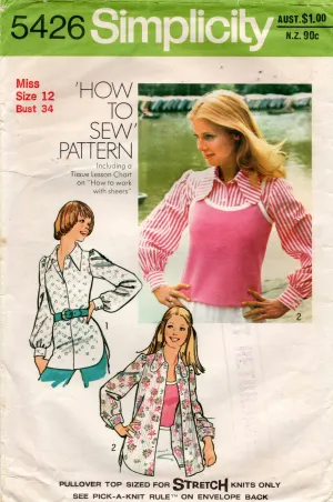 Simplicity 5426 Womens Wide Collar or Dog Ear Collar Shirts & Stretch Camisole Top 1970s Vintage Sewing Pattern Size 12 Bust 34 inches UNCUT Factory Folded