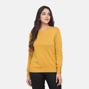 Solid Mustard Yellow Casual Women Cotton Pullover 