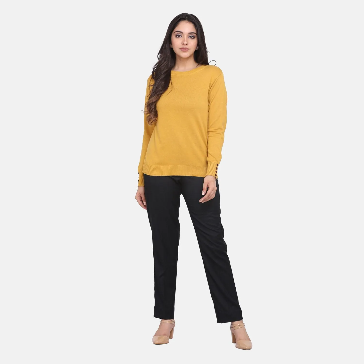 Solid Mustard Yellow Casual Women Cotton Pullover 