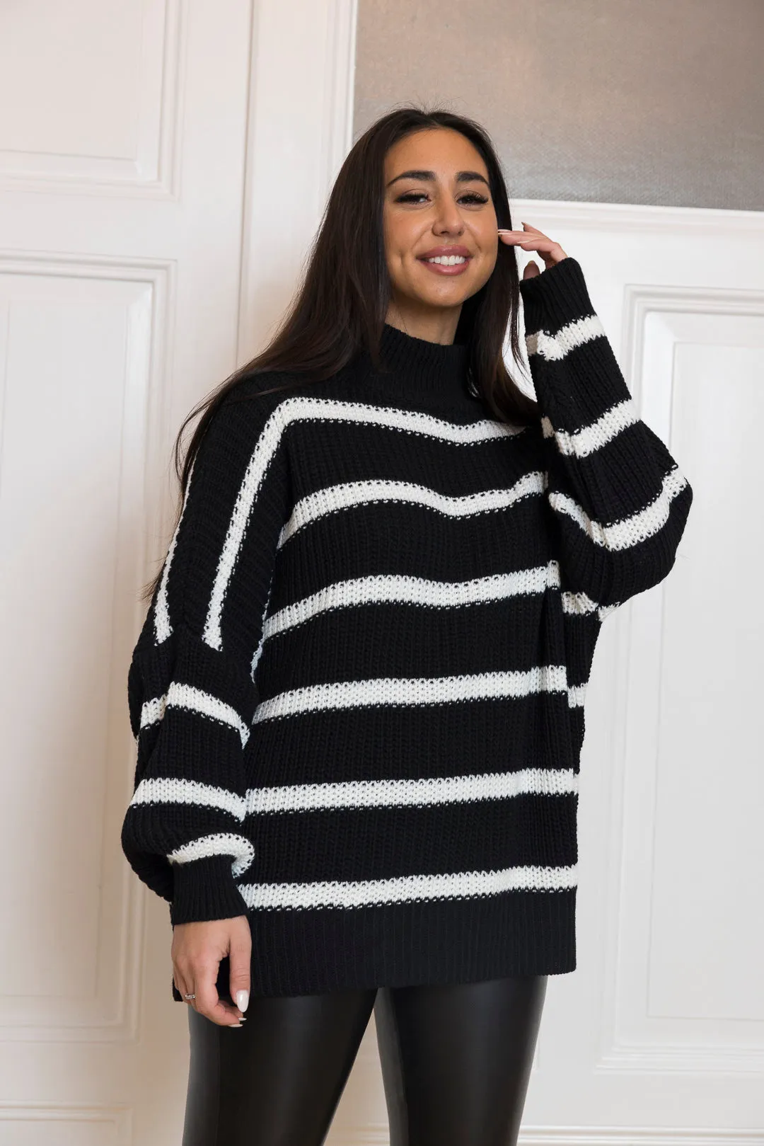 Streifen Strick Pullover mit Stehkragen