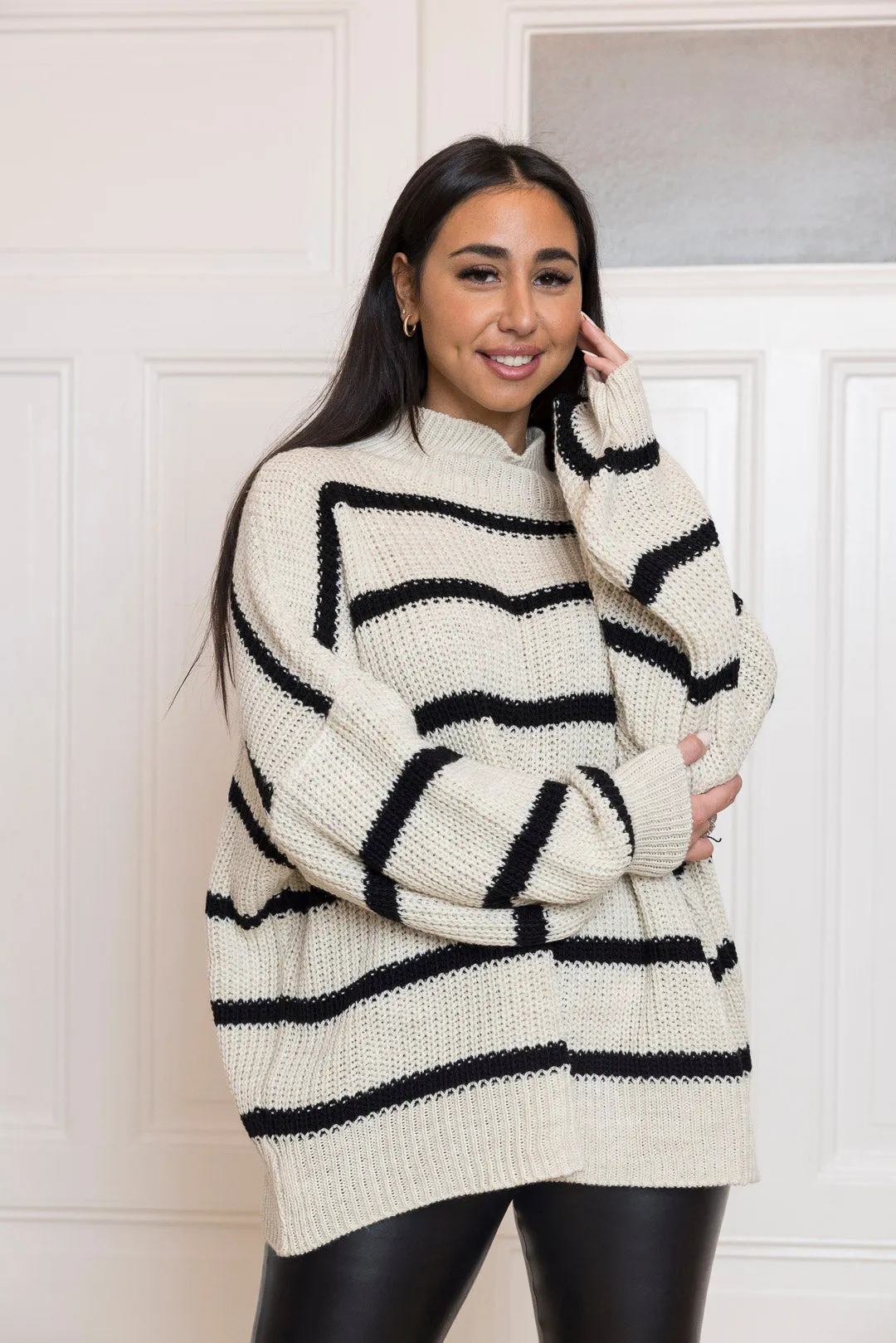 Streifen Strick Pullover mit Stehkragen