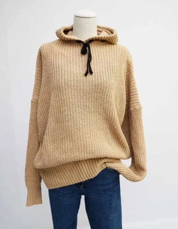 Tan Knit Pullover Long Sleeve Hoodie