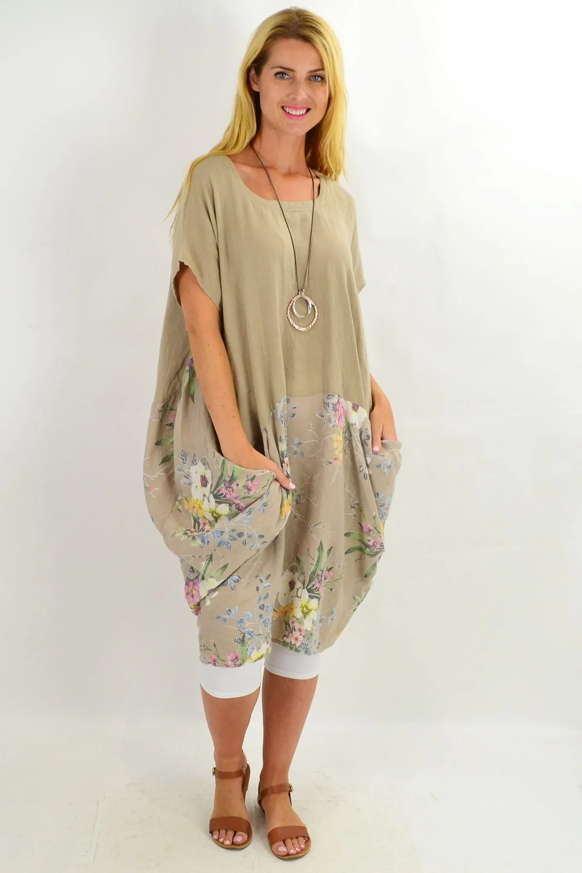 Taupe Native Flower Sleeve Linen Tunic Dress