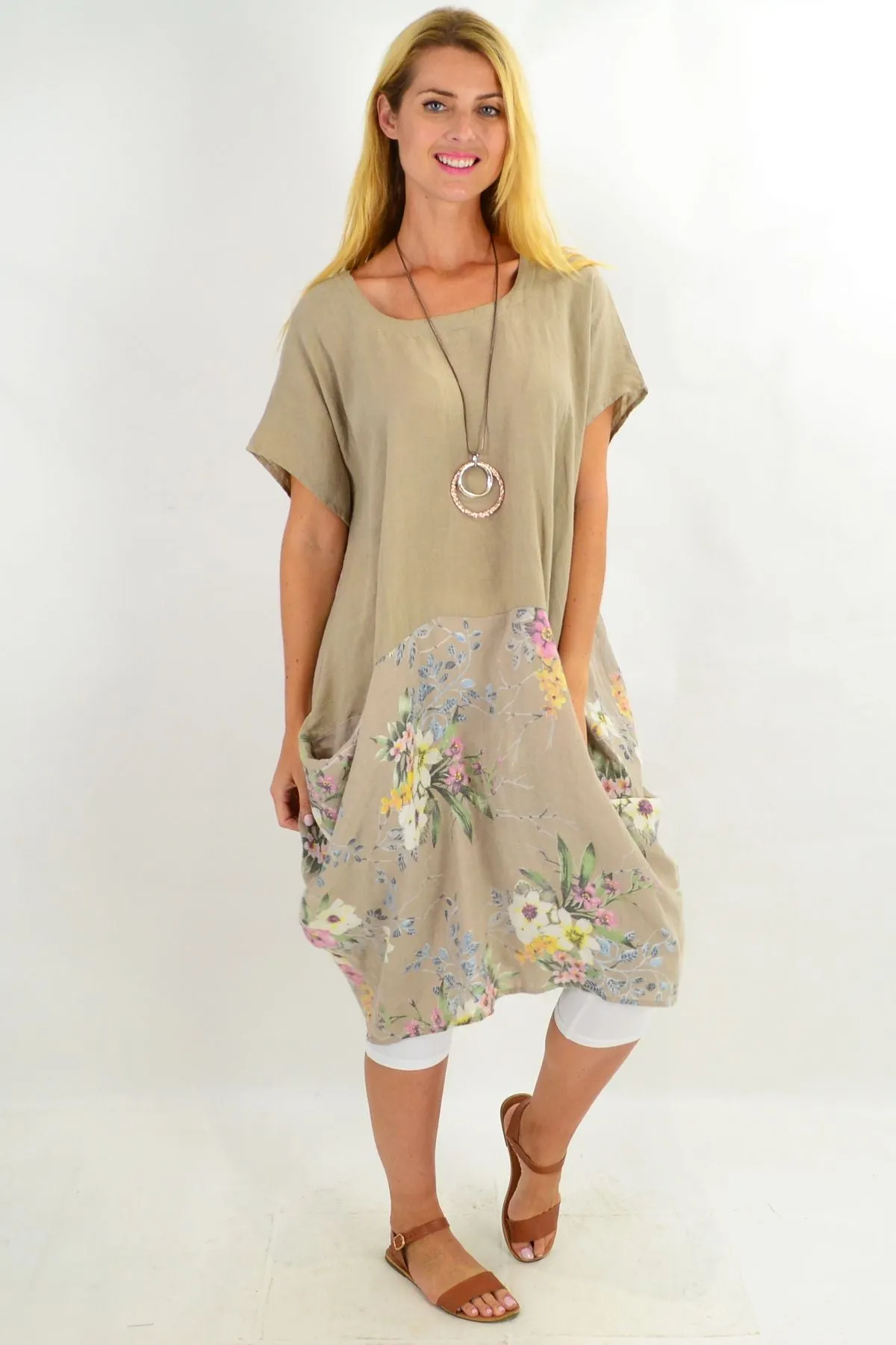 Taupe Native Flower Sleeve Linen Tunic Dress