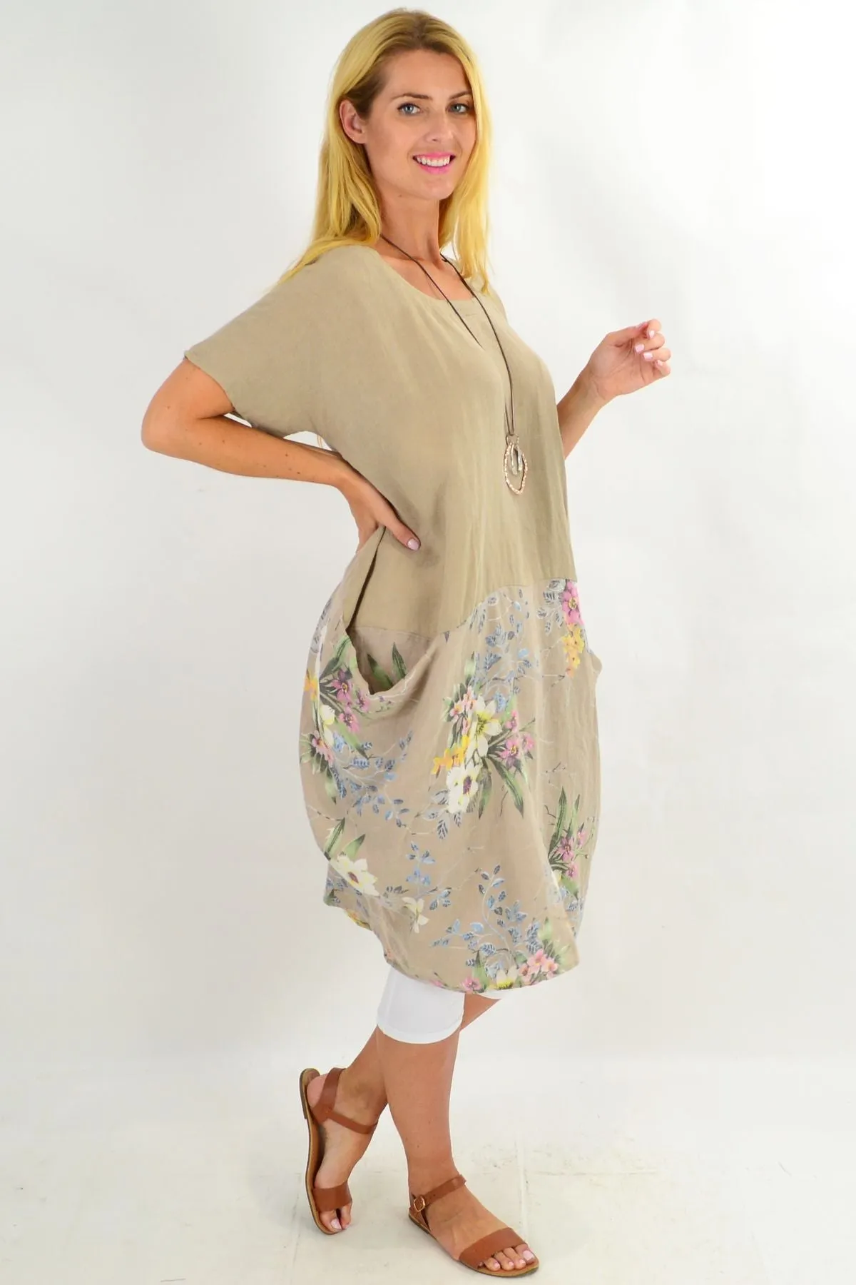 Taupe Native Flower Sleeve Linen Tunic Dress