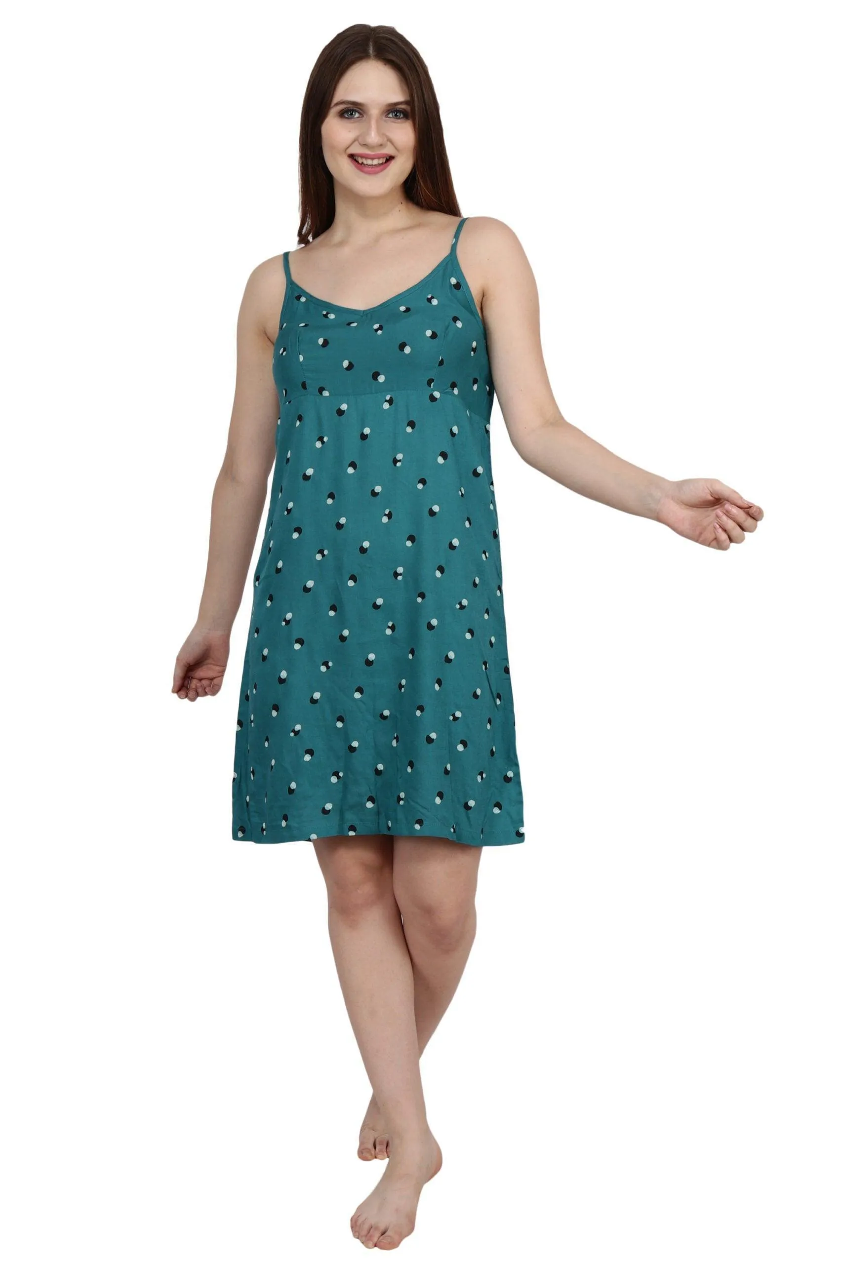 Teal Green Dots Printed Night Dress