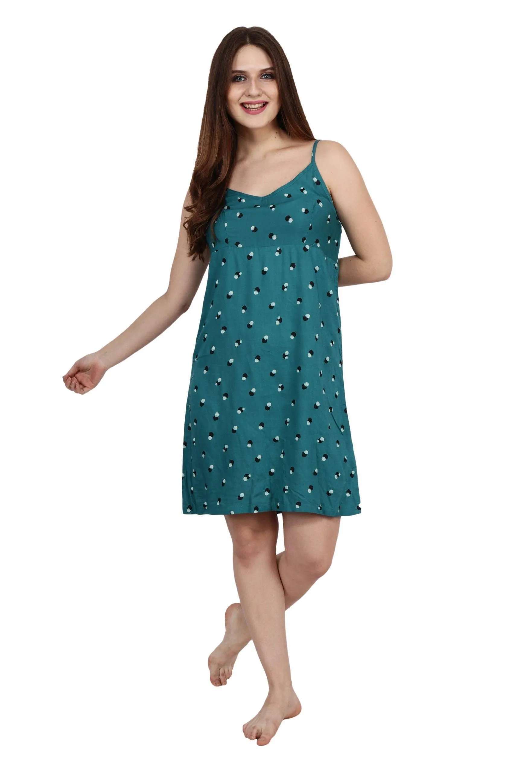 Teal Green Dots Printed Night Dress