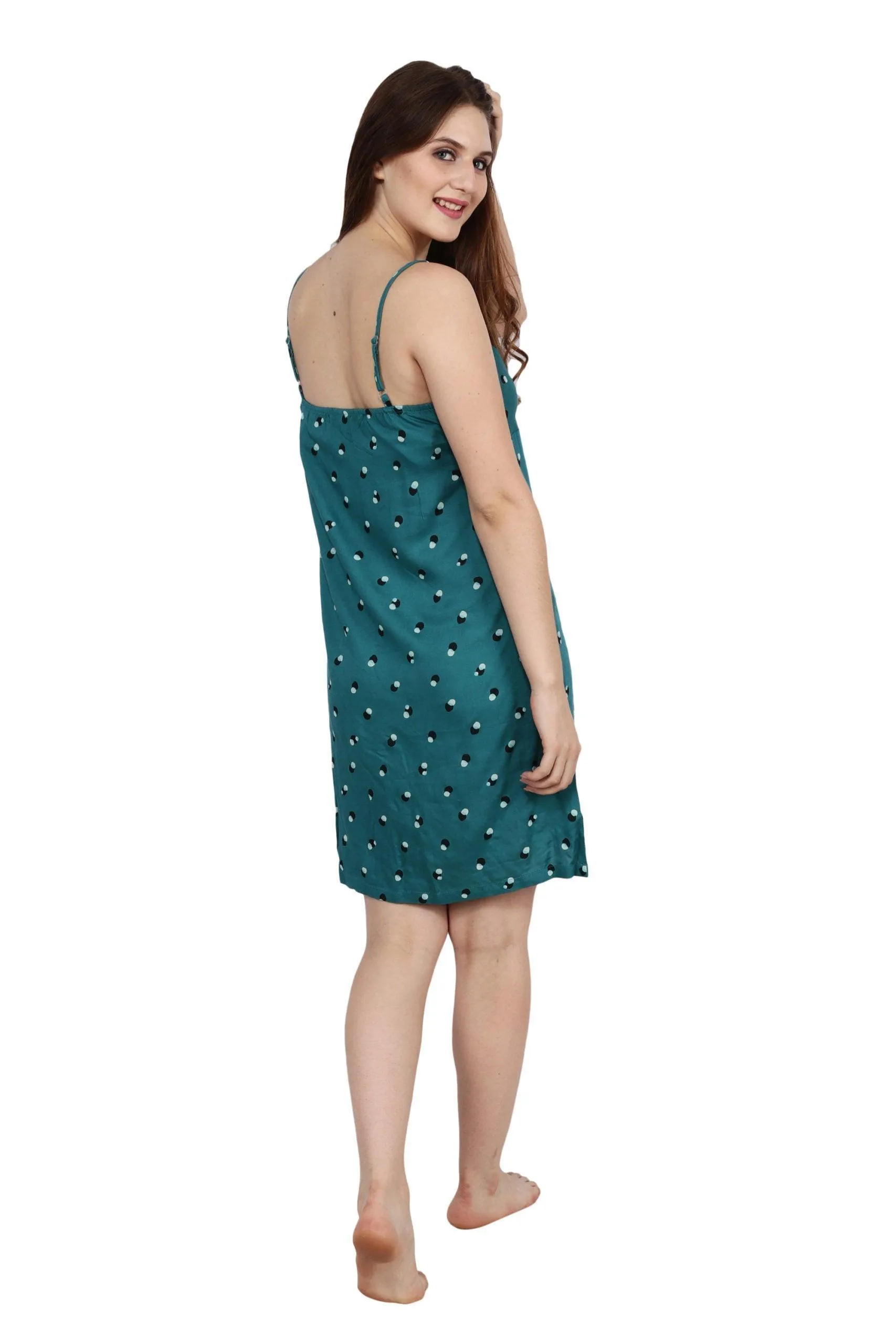 Teal Green Dots Printed Night Dress