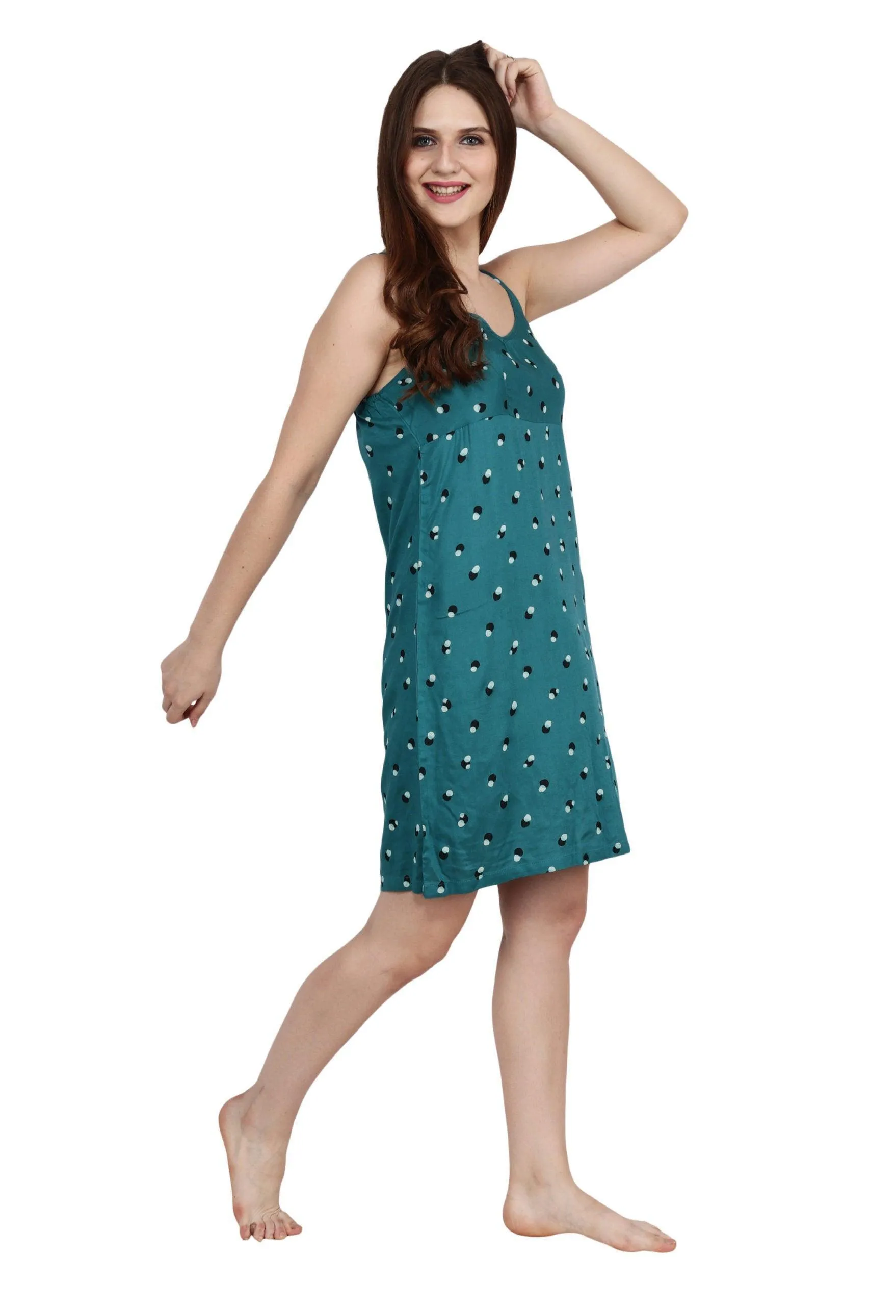 Teal Green Dots Printed Night Dress