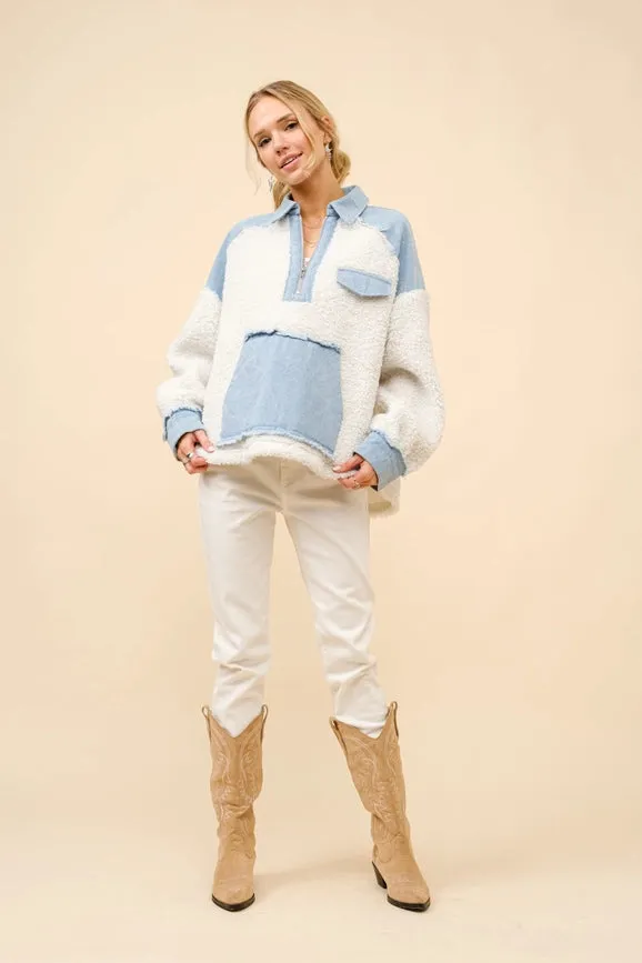 Teddy Denim Mix Media Zip Up Pullover