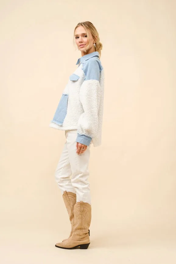 Teddy Denim Mix Media Zip Up Pullover