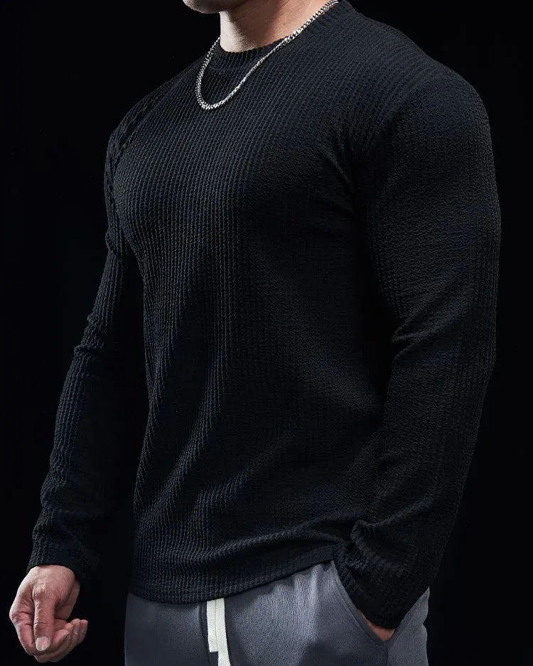 Texture Grid Crewneck Pullover Long Sleeve Shirt