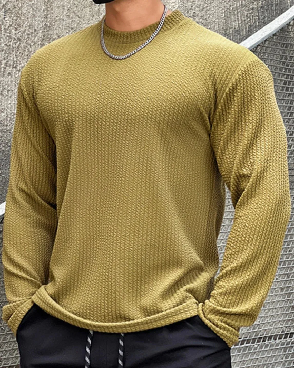 Texture Grid Crewneck Pullover Long Sleeve Shirt