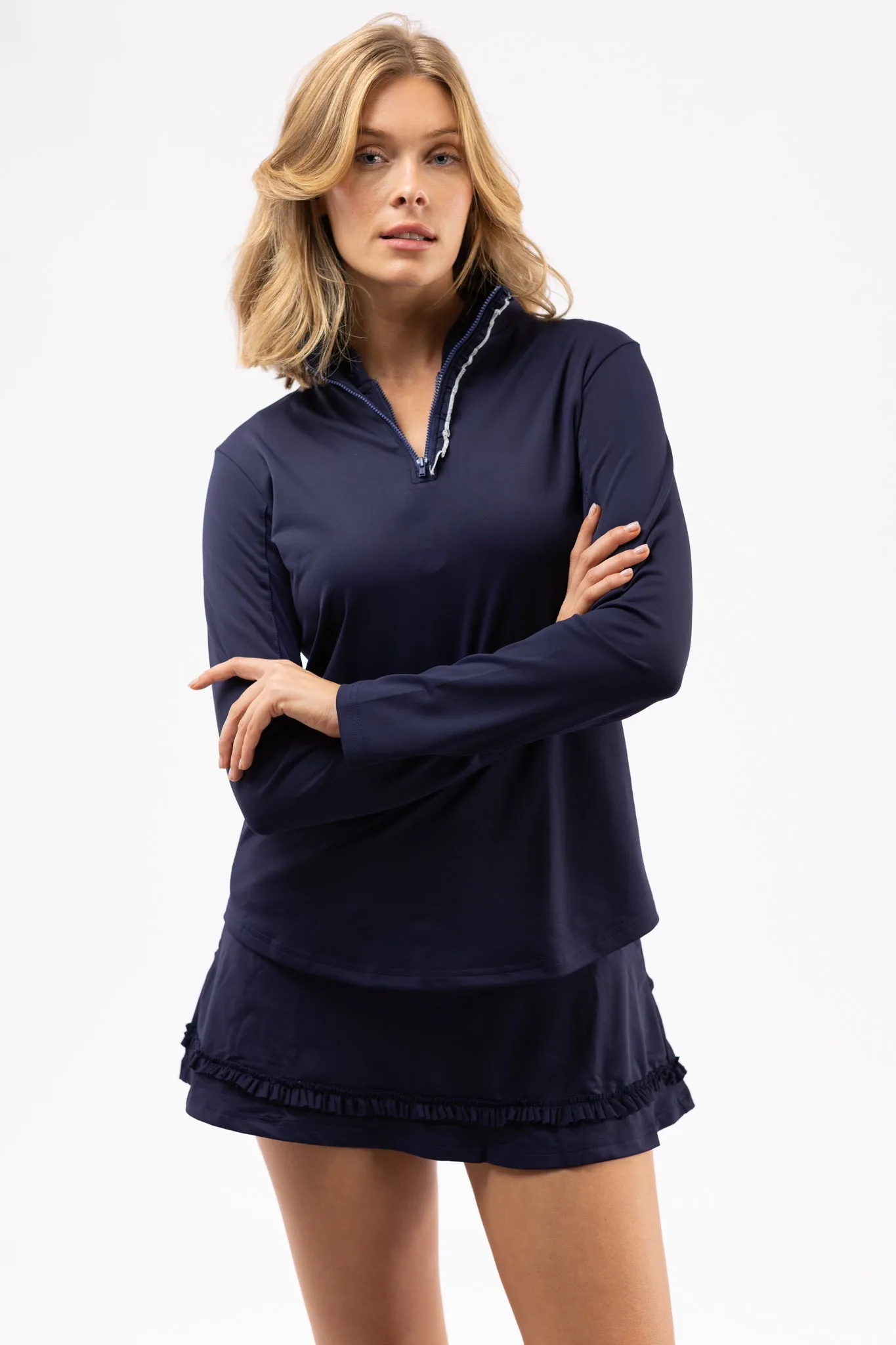 The Ava 1/4 Zip with Ruffle - Navy