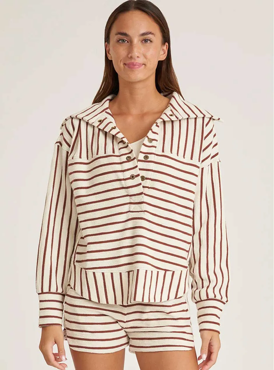 Thrive Société Women's Cloud Oversized Collar Pullover Shirt - Nutshell Stripe Brown