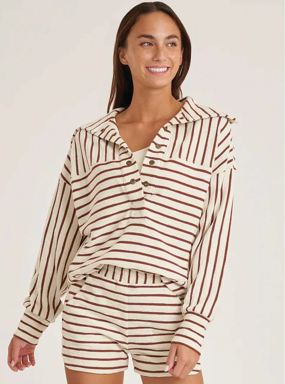 Thrive Société Women's Cloud Oversized Collar Pullover Shirt - Nutshell Stripe Brown