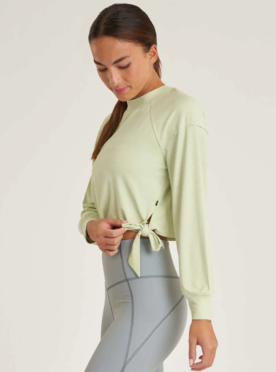 Thrive Société Women's Cropped Tie Long Sleeve Pullover - Matcha Green