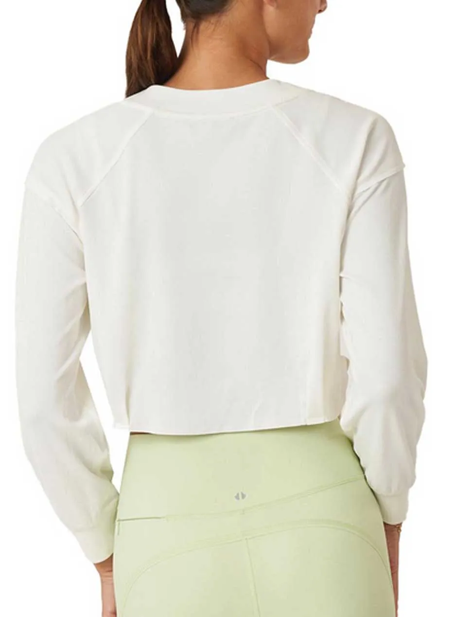 Thrive Société Women's Cropped Tie Long Sleeve Pullover - White