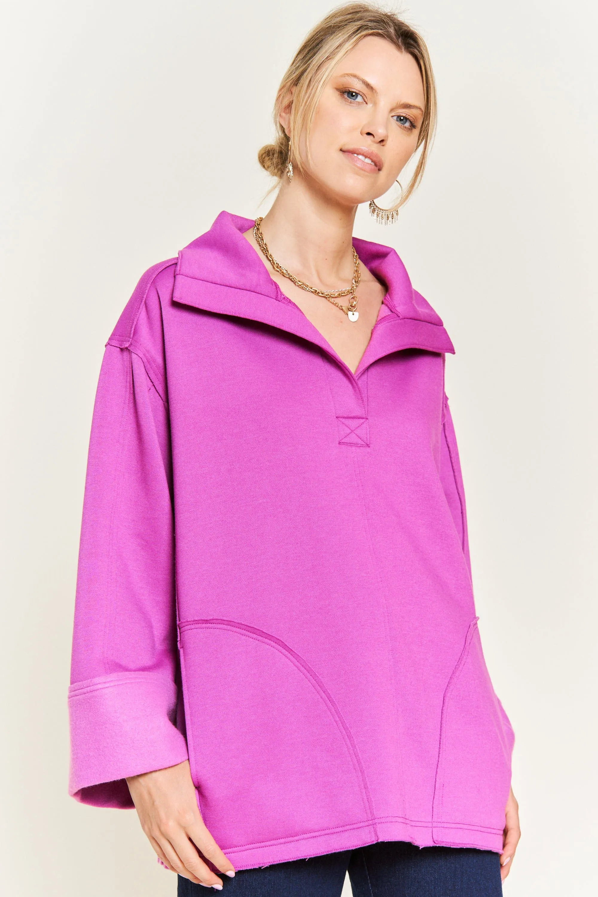 Together At Last Collared Pullover - Magenta