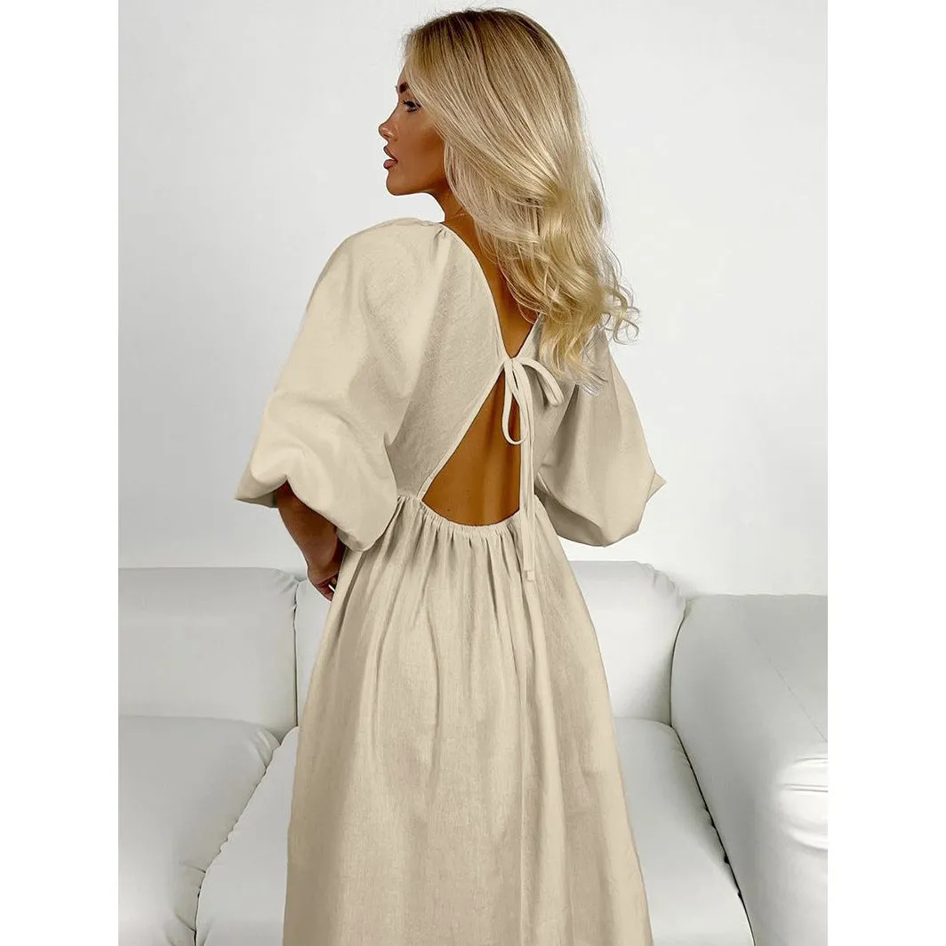 V-neck Half-sleeve Hollow Pullover Long Dress