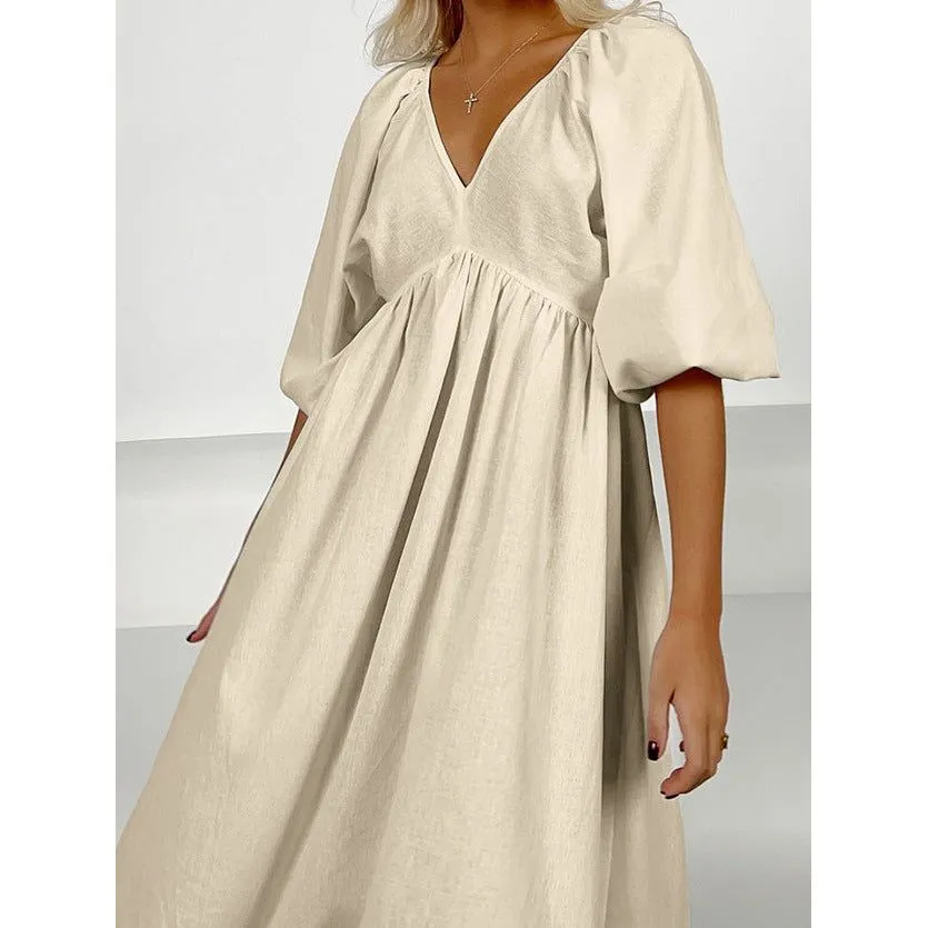 V-neck Half-sleeve Hollow Pullover Long Dress