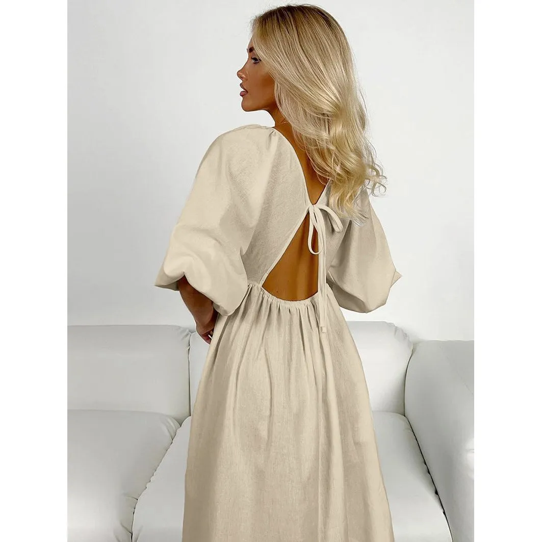 V-neck Half-sleeve Hollow Pullover Long Dress