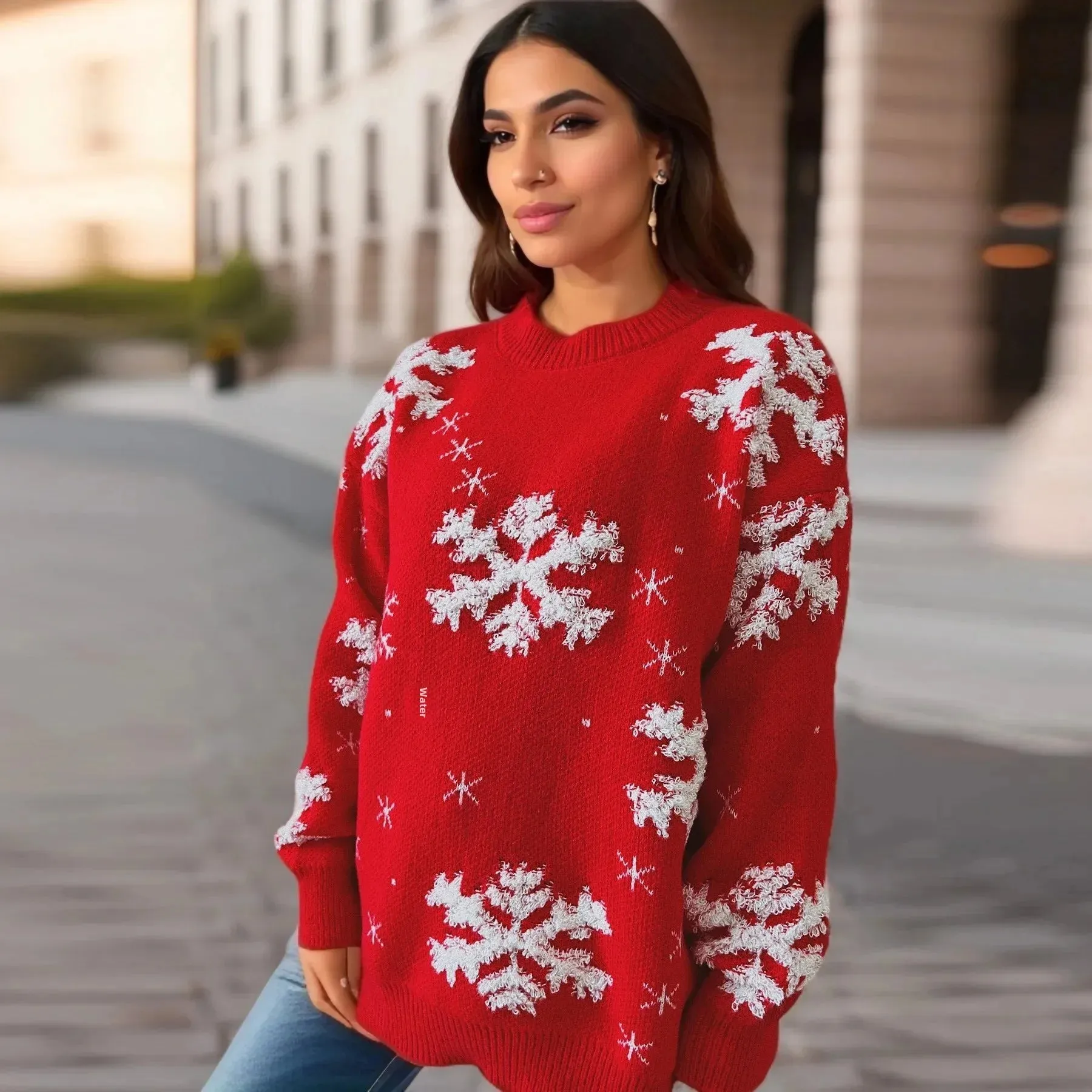 Wenkouban-Christmas Thanksgiving outfits_Snowflake Embroidered Round Neck Long Sleeve Crossbody Christmas Sweater