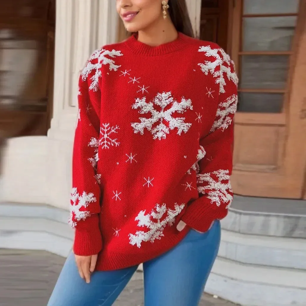 Wenkouban-Christmas Thanksgiving outfits_Snowflake Embroidered Round Neck Long Sleeve Crossbody Christmas Sweater