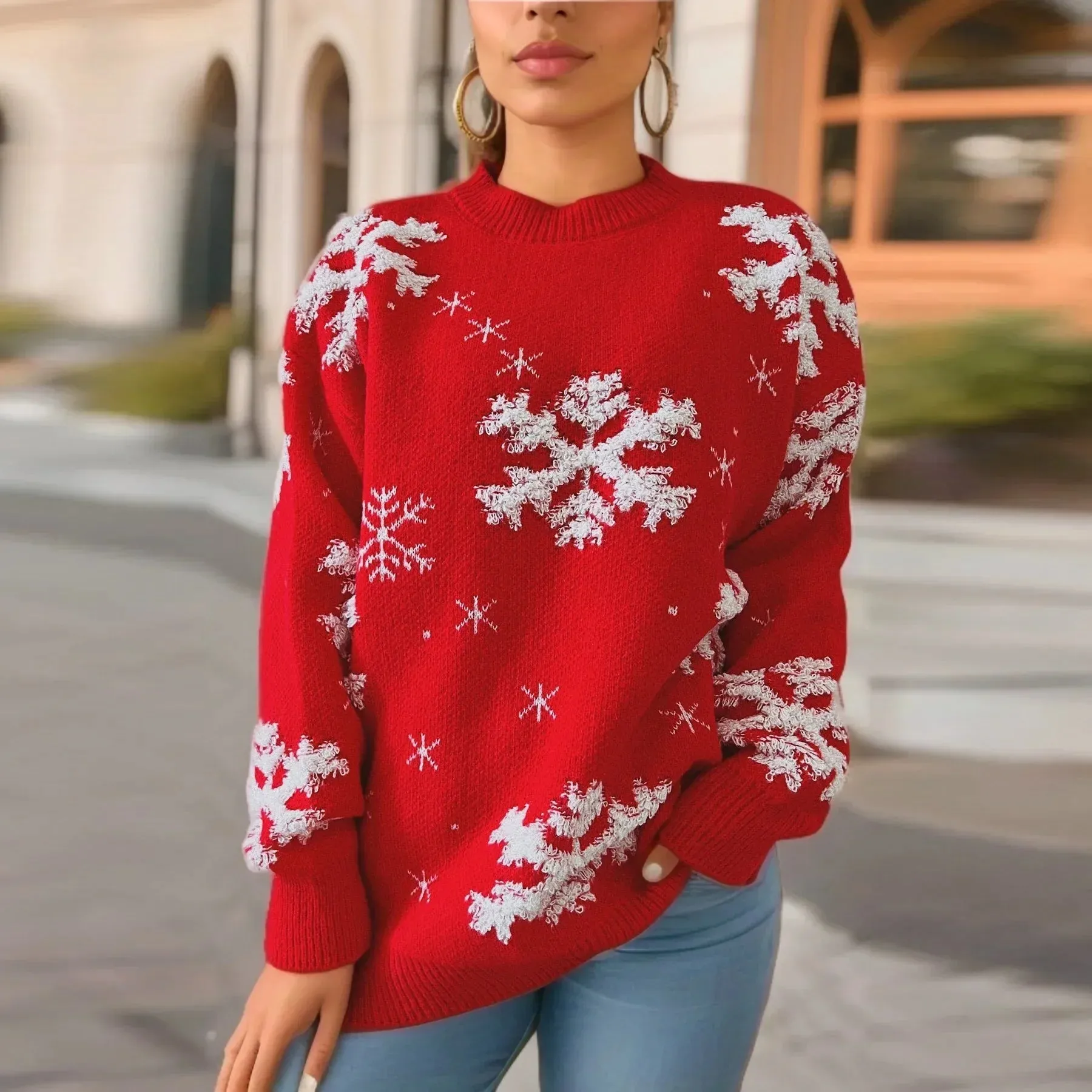 Wenkouban-Christmas Thanksgiving outfits_Snowflake Embroidered Round Neck Long Sleeve Crossbody Christmas Sweater