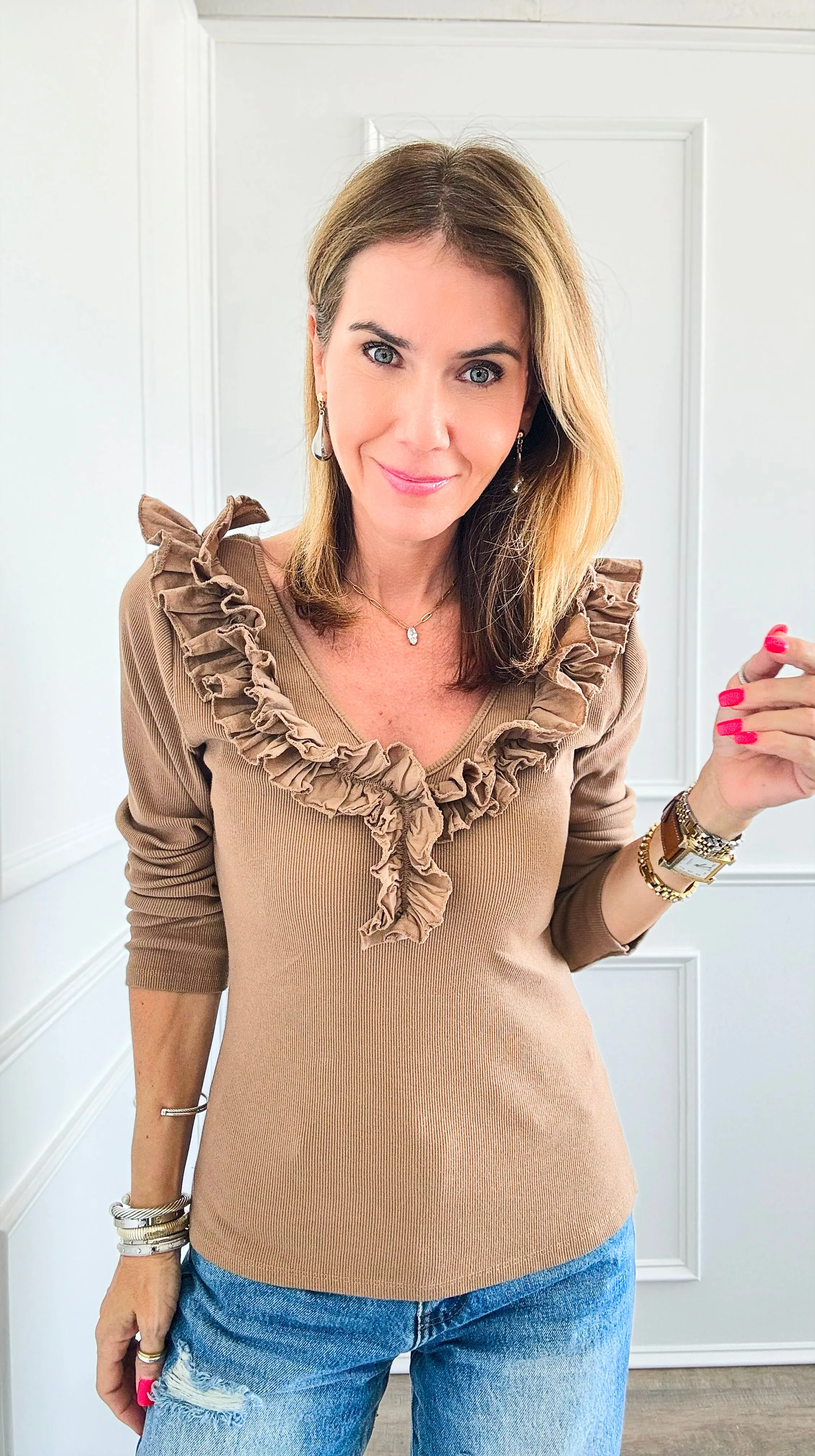 Whimsical Ruffle Italian Pullover- Camel