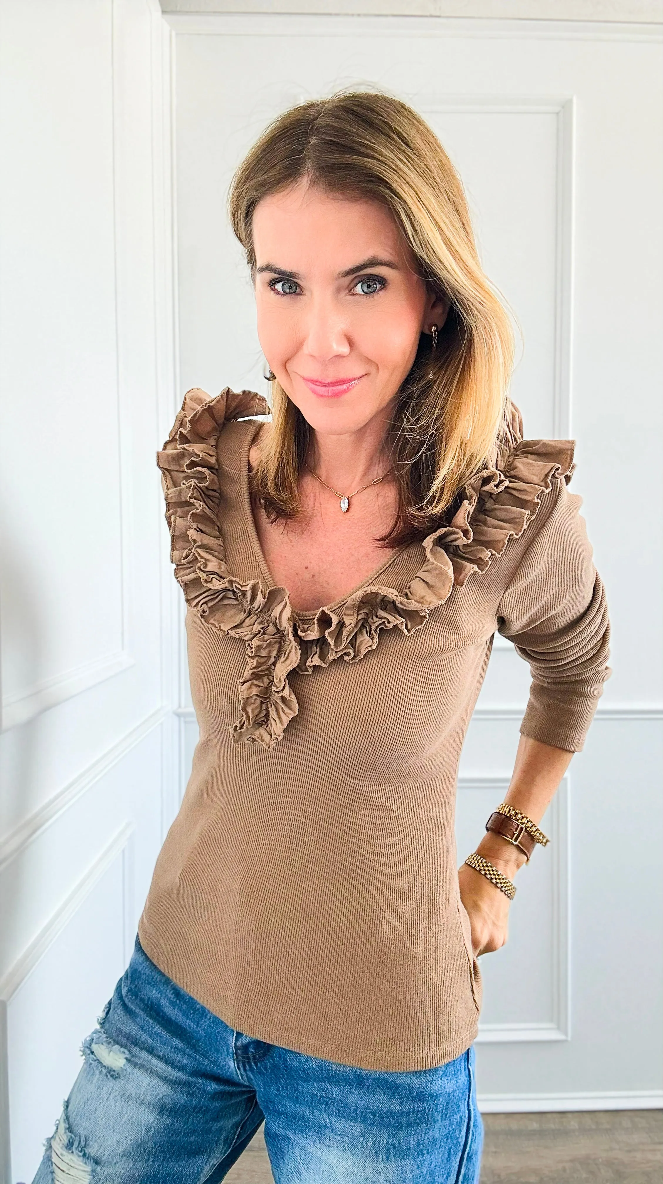 Whimsical Ruffle Italian Pullover- Camel