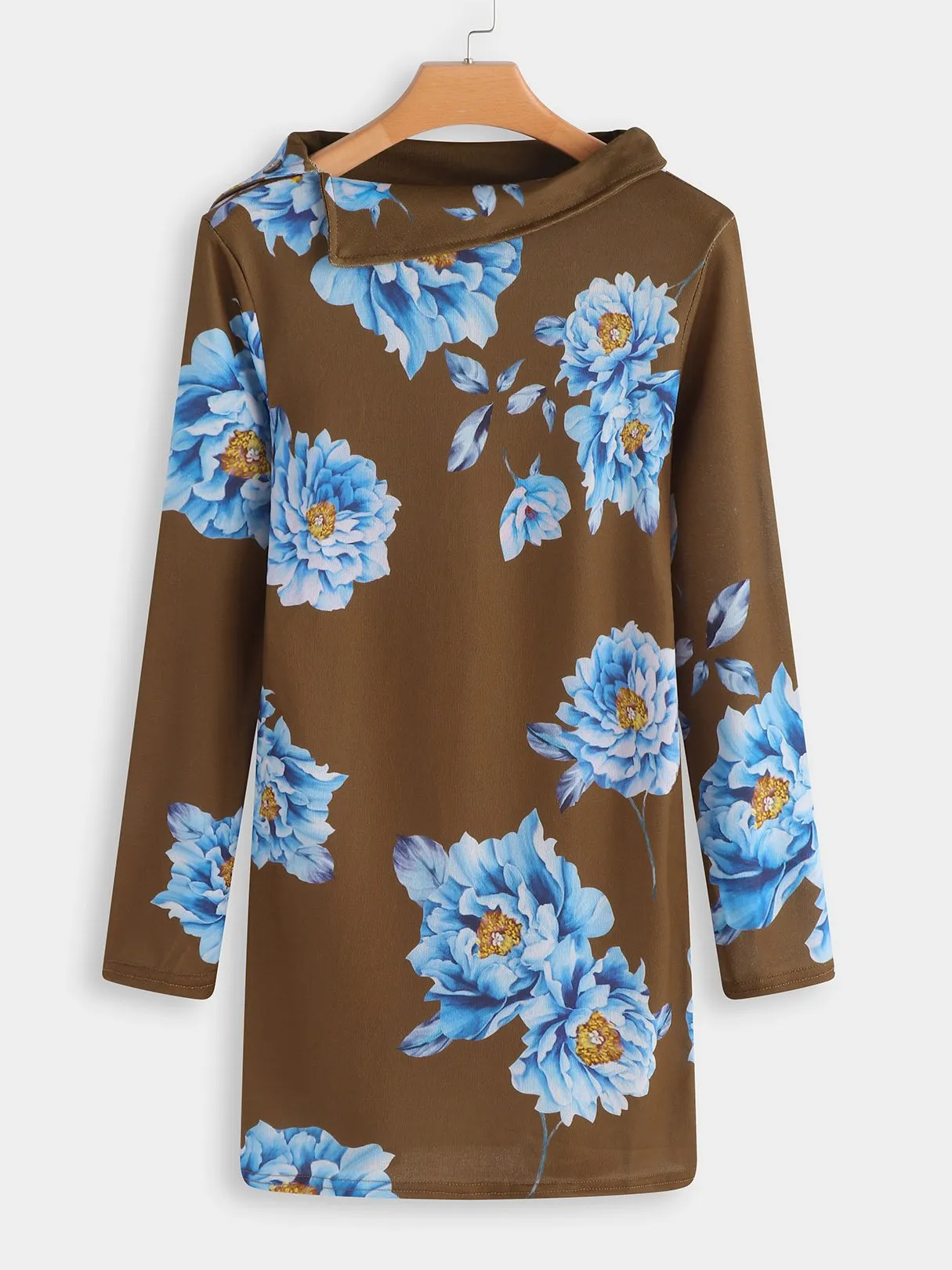 Wholesale Brown Long Sleeve Floral Print Shirt Dress