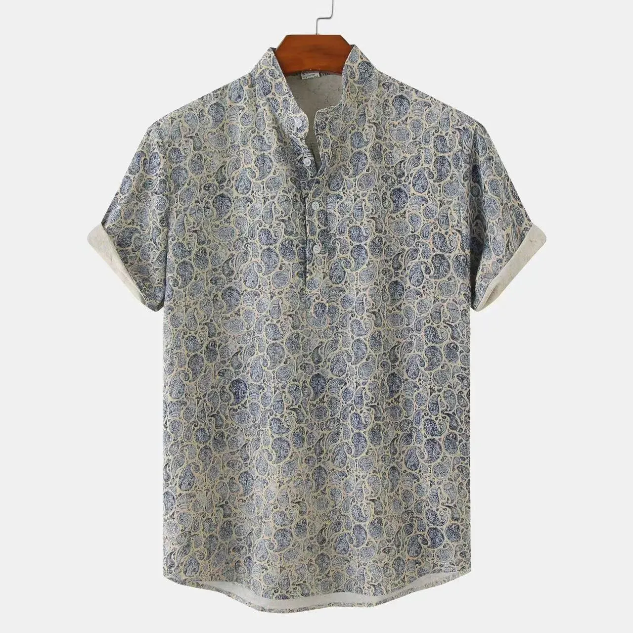 WIAOFELLAS  -  Floral Beach Short Sleeve Shirt Pullover Print Stand Fashionable Holiday Vintage XXXL Men‘s Clothing Retro Breathable Menswear