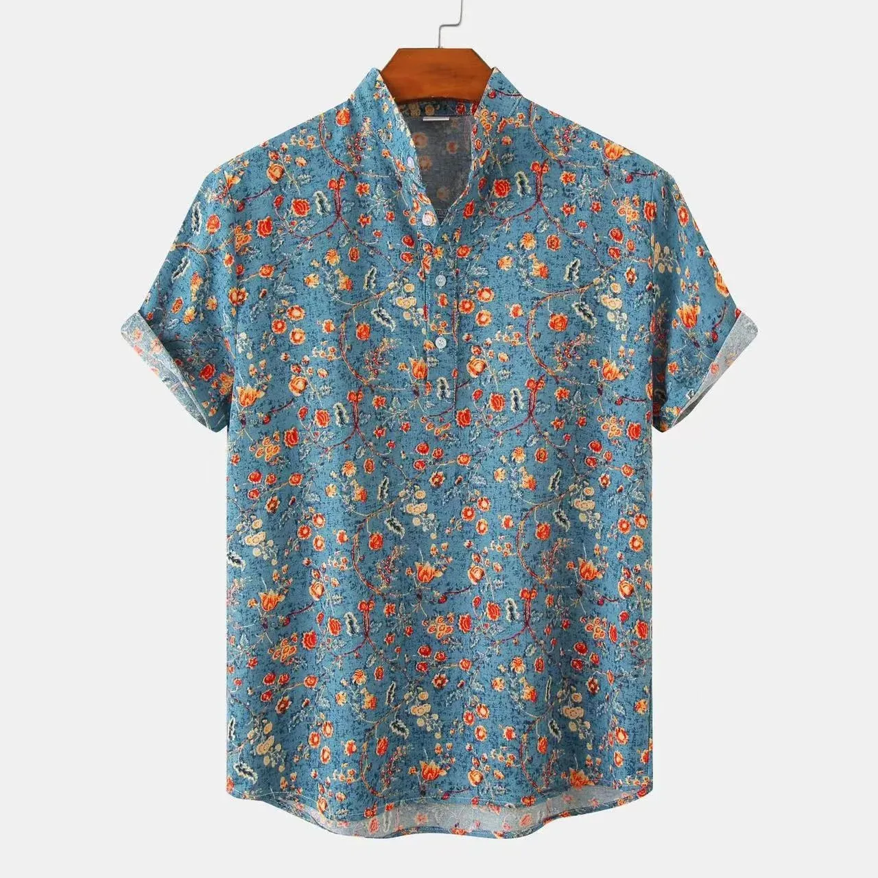 WIAOFELLAS  -  Floral Beach Short Sleeve Shirt Pullover Print Stand Fashionable Holiday Vintage XXXL Men‘s Clothing Retro Breathable Menswear