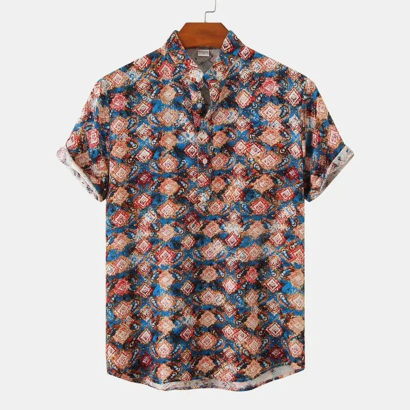 WIAOFELLAS  -  Floral Beach Short Sleeve Shirt Pullover Print Stand Fashionable Holiday Vintage XXXL Men‘s Clothing Retro Breathable Menswear