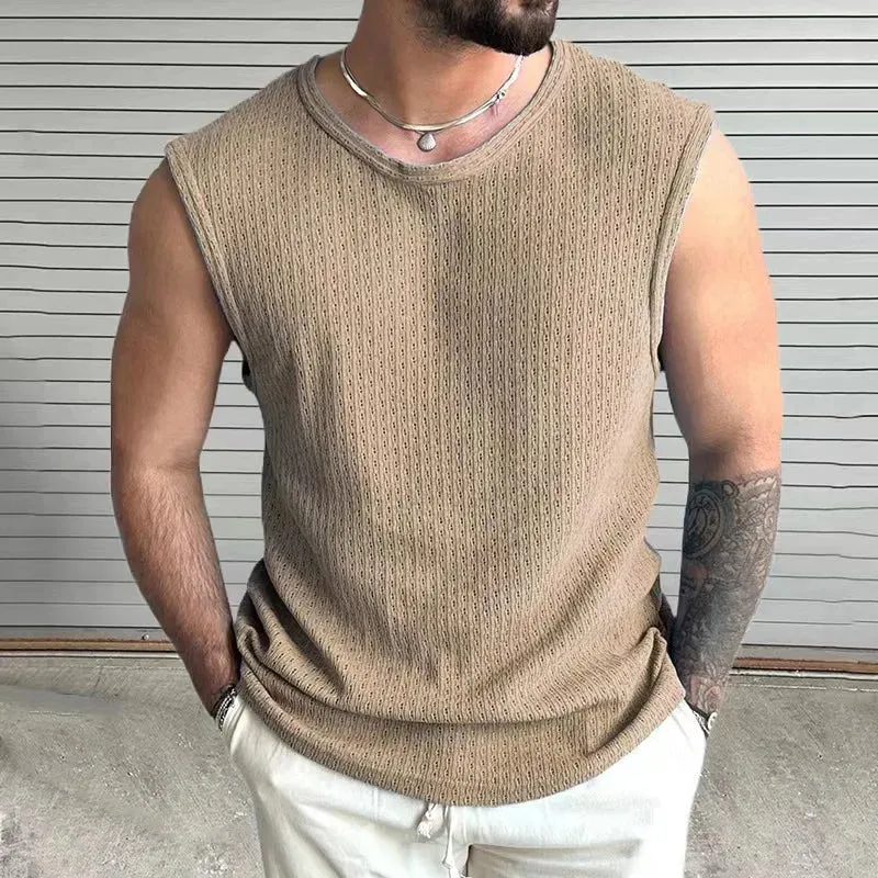 Wiaofellas  -  Men Summer Sleeveless O-Neck Knit Tank Top Pullover Tee Male Clothing Casual Short Sleeve Fashion Solid Breathable Vest For Male