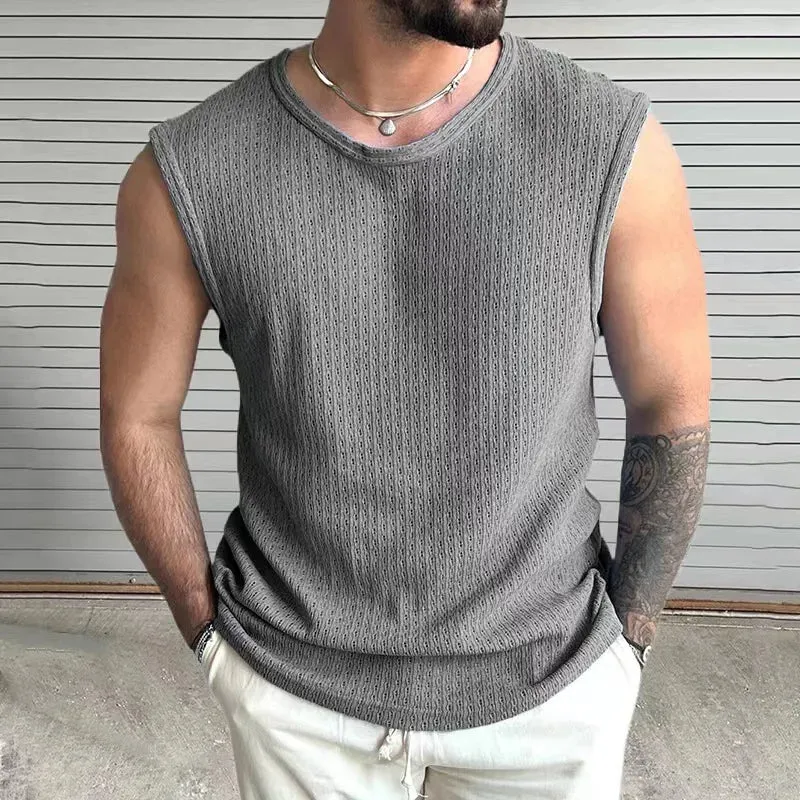 Wiaofellas  -  Men Summer Sleeveless O-Neck Knit Tank Top Pullover Tee Male Clothing Casual Short Sleeve Fashion Solid Breathable Vest For Male