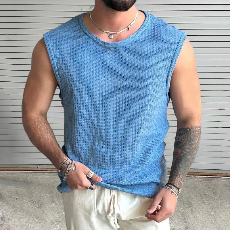 Wiaofellas  -  Men Summer Sleeveless O-Neck Knit Tank Top Pullover Tee Male Clothing Casual Short Sleeve Fashion Solid Breathable Vest For Male