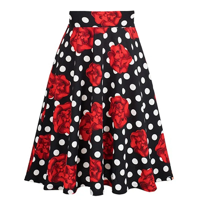 Women High Waist A-line Knee-Length Skirt 50s 2021 Spring Summer Korea Fashion Rose Red Polka Dot Print Swing Skirts Plus Size