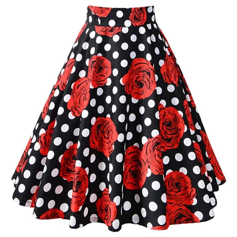 Women High Waist A-line Knee-Length Skirt 50s 2021 Spring Summer Korea Fashion Rose Red Polka Dot Print Swing Skirts Plus Size