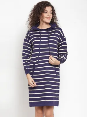 Women Striped Navy Blue Hood Tunic