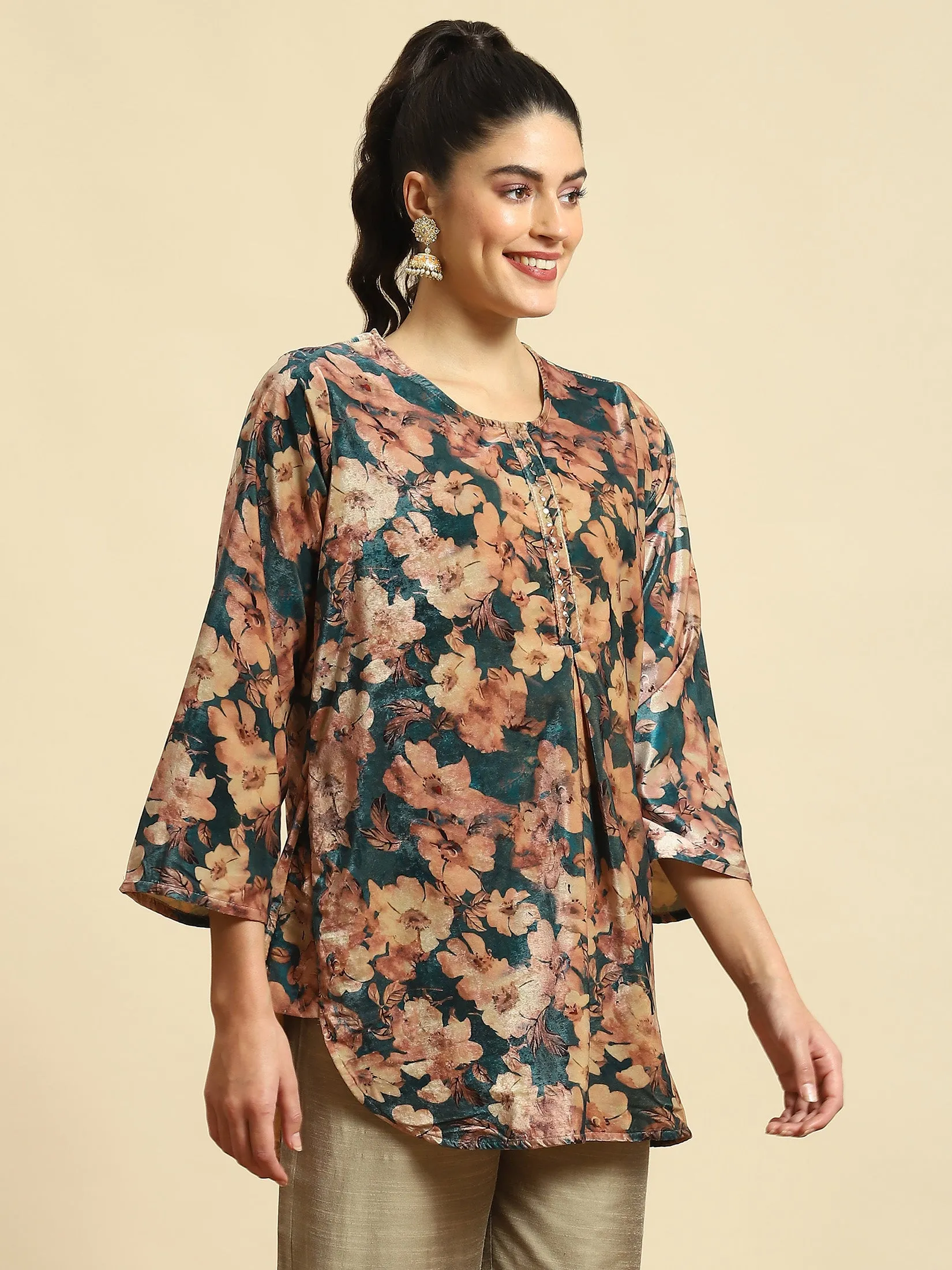 Women Teal Floral Print Tunic