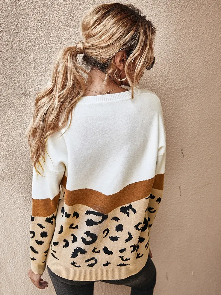 Women's Boho Chic Geometric Leopard Print Pullover Sweater