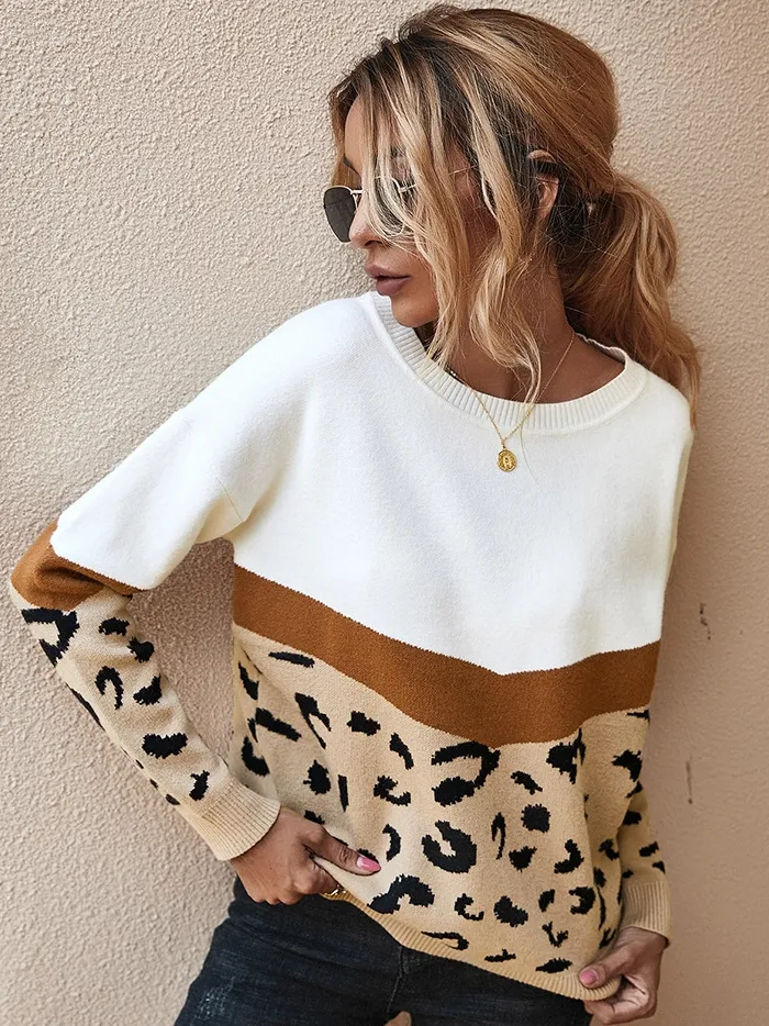 Women's Boho Chic Geometric Leopard Print Pullover Sweater