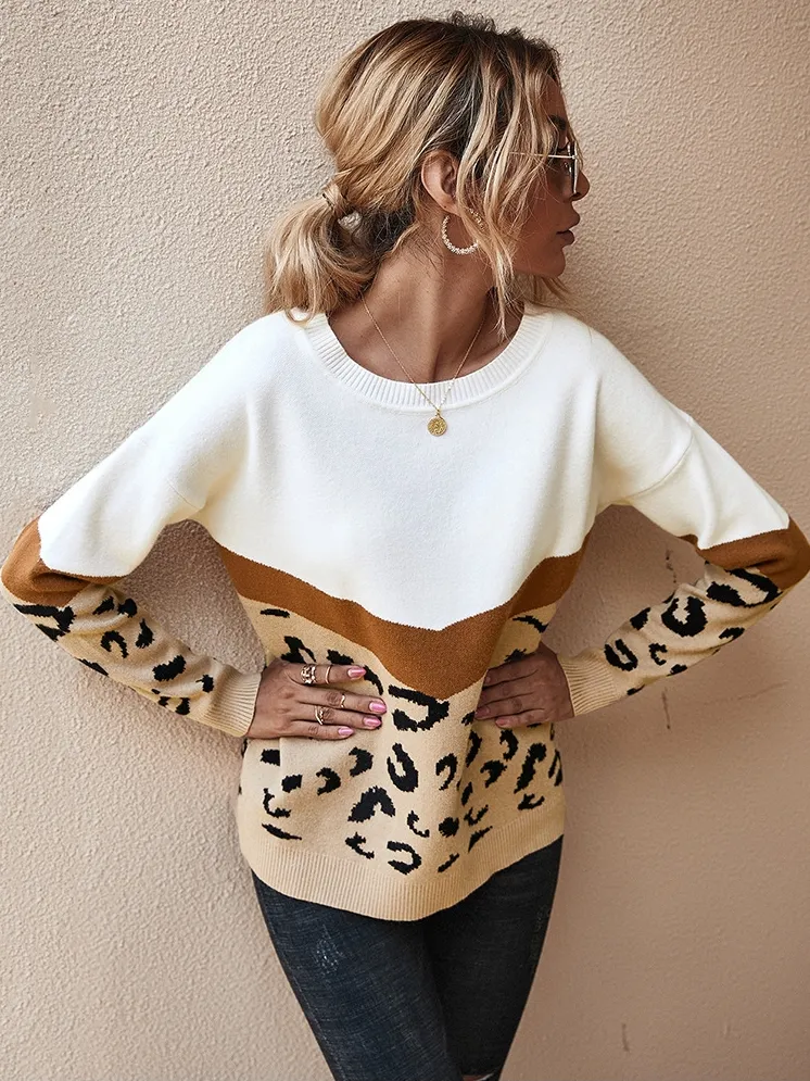 Women's Boho Chic Geometric Leopard Print Pullover Sweater