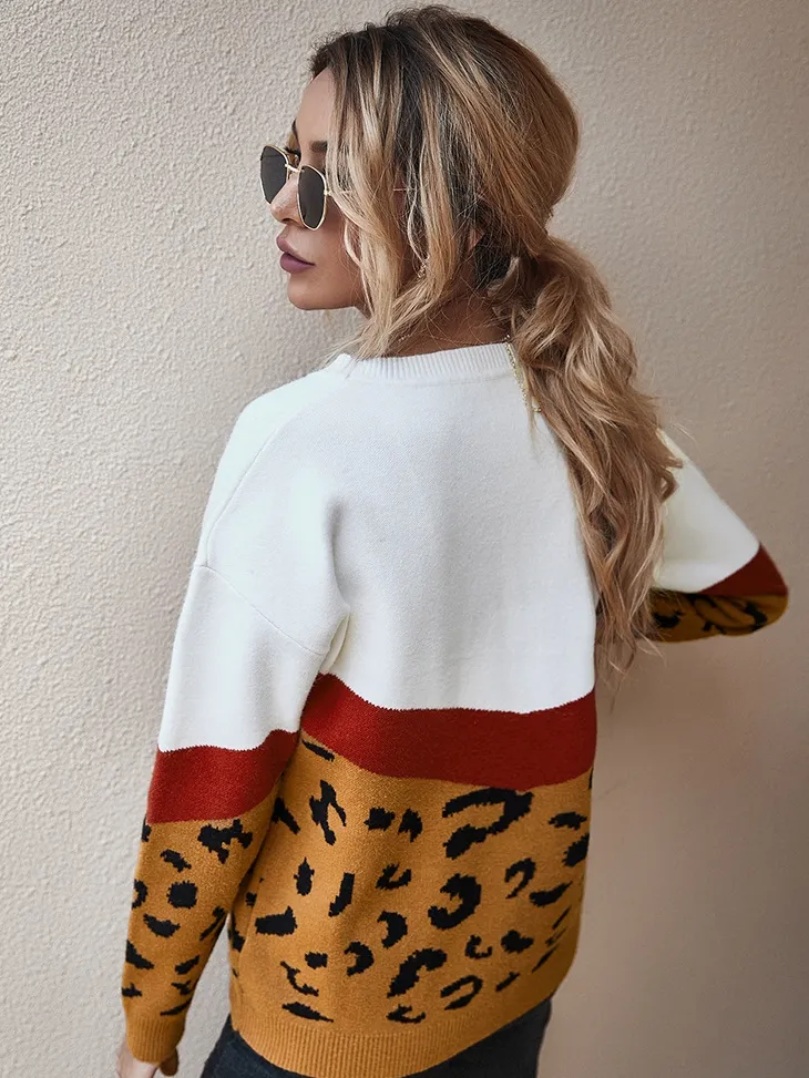 Women's Boho Chic Geometric Leopard Print Pullover Sweater