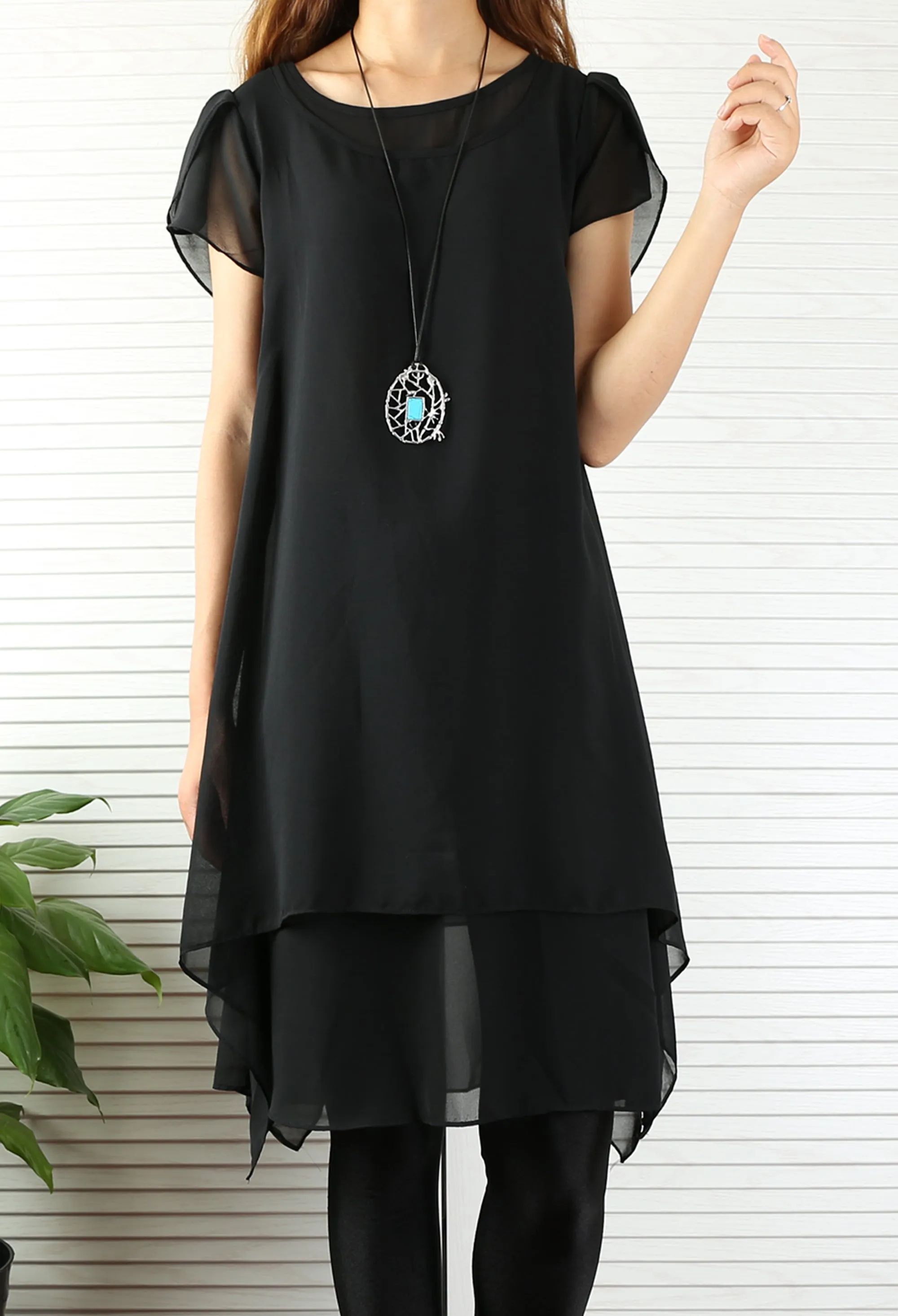 Women's chiffon dress/short sleeves tunic dress/Casual Tunic top/summer dress/customized oversized dress/black tunic top(Y1709)